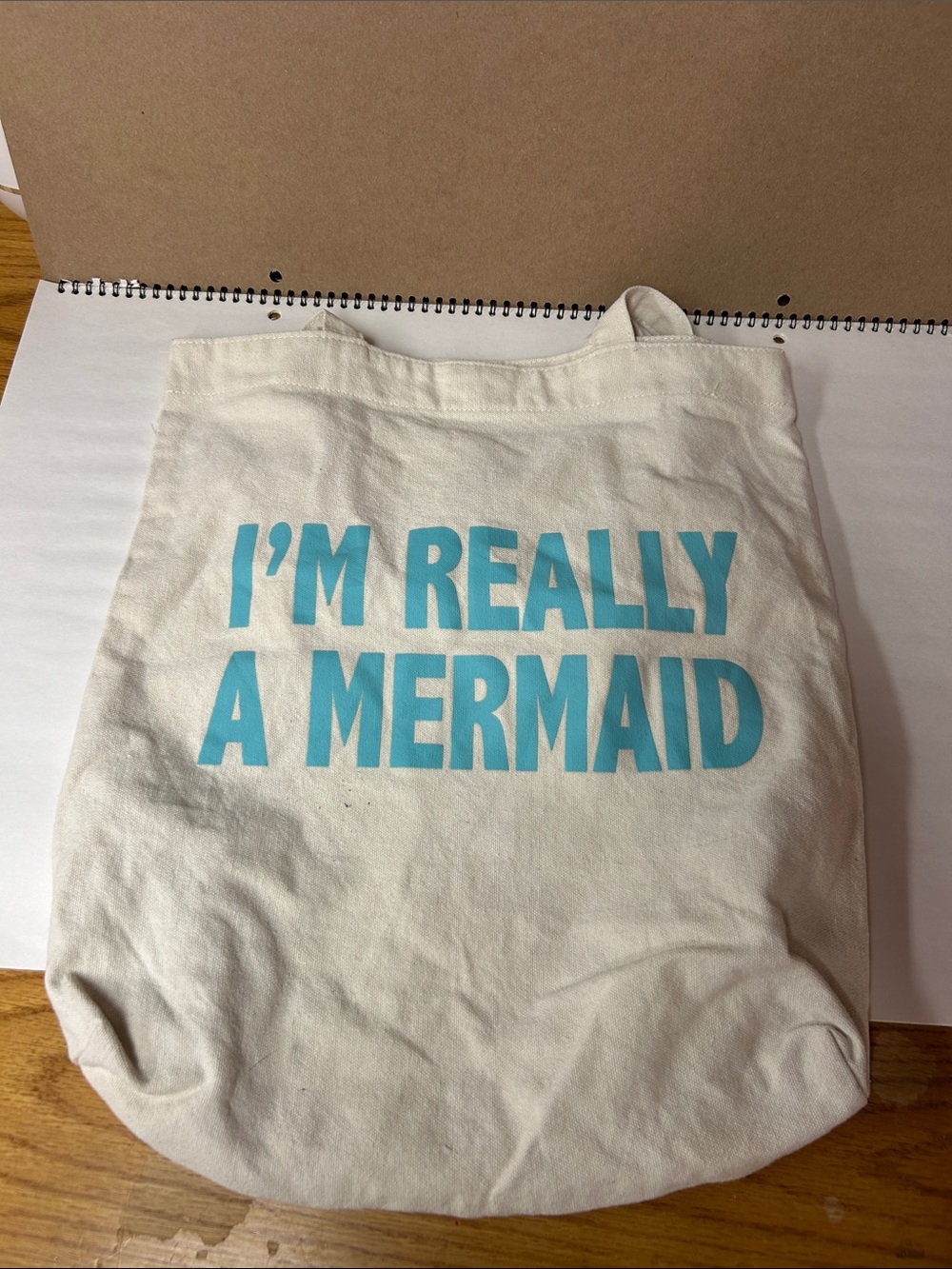 Canvas Tote Bag with "I'M REALLY A MERMAID" Print - White with Teal Text
